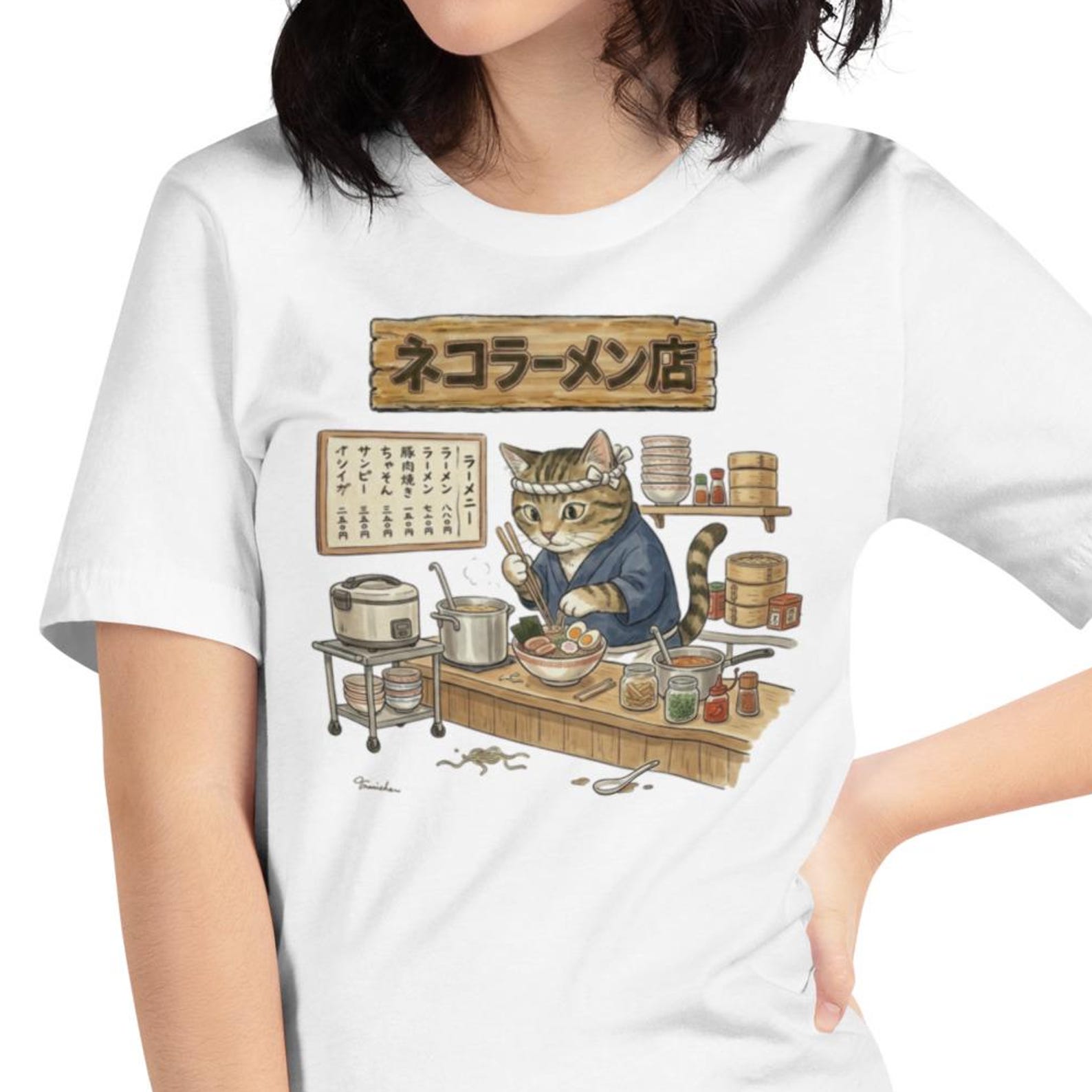 Japanese Cat Ramen T-Shirt | Kawaii Noodle Art Tee | Anime Food Lover Gift M