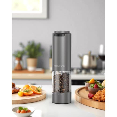 CIRCLE JOY Rechargeable Electric Salt and Pepper Grinder Set with Base, Aluminum Alloy Pepper Mill, 95ml Container, White LED Light, and Adjustable Ex