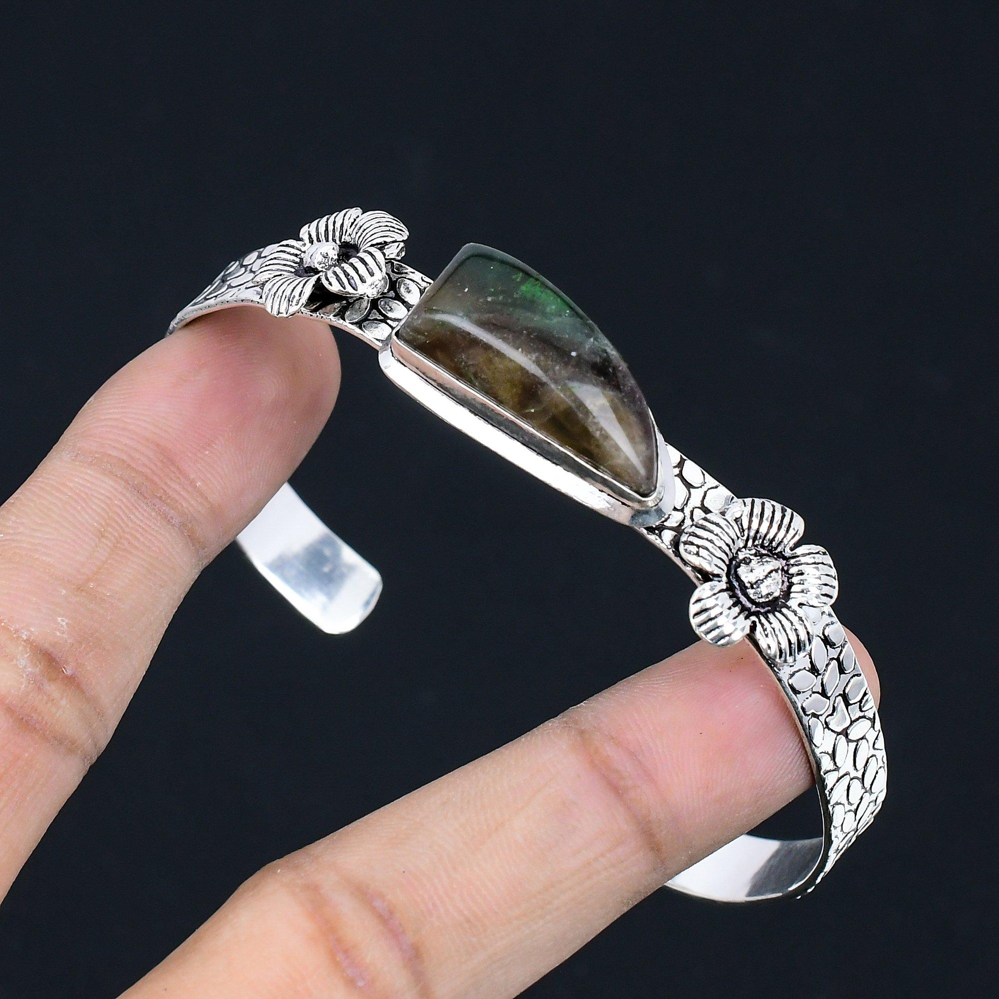 

Womens day Sale Sterling Silver Multi Fluorite Gemstone Flower Bangle Jewelry Adjustable