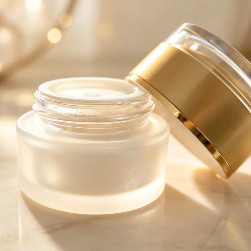 Acrylic Frosted Glass Cream Jar with Gold Rim Lid - Available in 15g, 20g, 30g, 50g Sizes - Travel Size Cosmetic Bottles