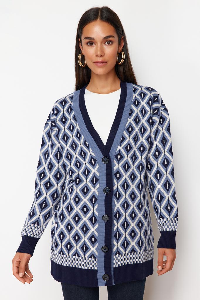Women's Fashion New Hijab Cardigan Navy Blue Jacquard Button Detailed Knitwear Cardigan