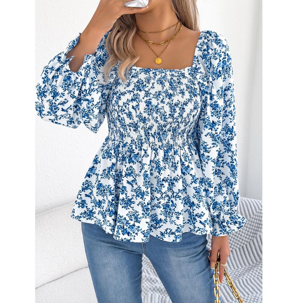 Women Spring Summer Chiffon Blouse and Shirts Long Sleeve Sequre Collar Floral Printing Shirt Tops blusas