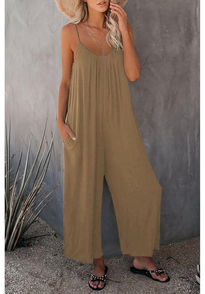 2026 Sommer Damen einfarbiger Jumpsuit mit aufgesetzten Taschen und Trägern - Lockere lässige Passform lange Hosen
