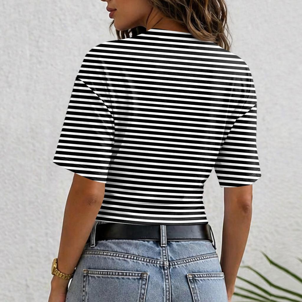Women’s Crewneck Pullover Short Sleeve T-Shirt with Striped Print Loose Fit Casual Basic Top for Daily Wear