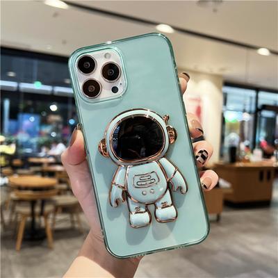 Transparent Plating Astronaut Holder Phone Case For iPhone 11 12 13 14 15 Pro Max XR XS Soft TPU On SE2 6S 7 8 Plus Stand Cover