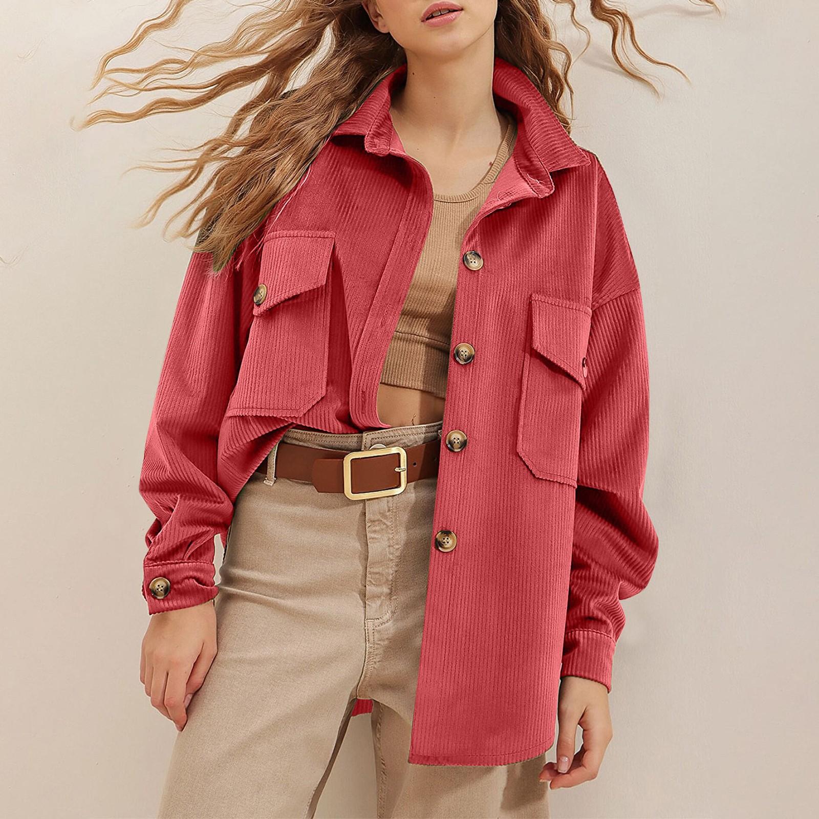 

Женская однотонная вельветовая куртка-рубашка с длинным рукавом и карманами XL красный