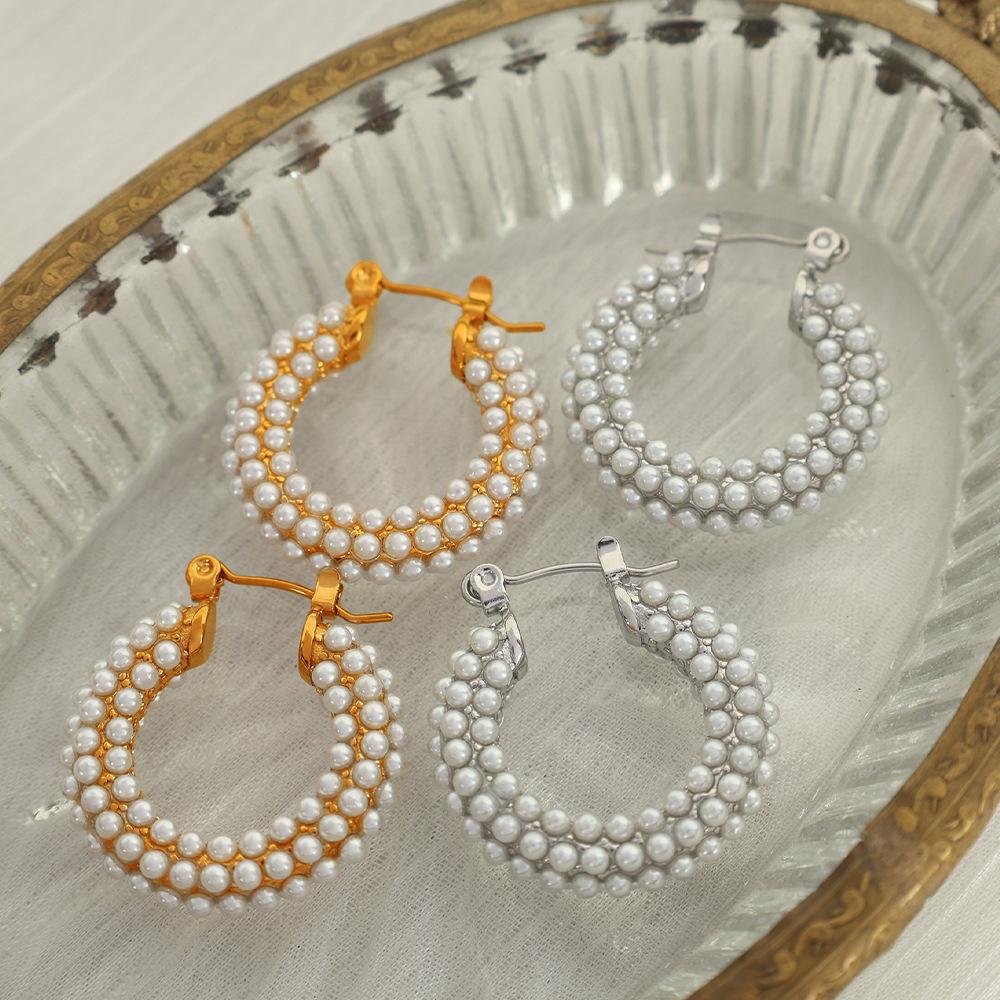 Hot Sale Full of Pearl Rhinestone Earrings Stainless Steel Earrings Versatile Jewelry Women
