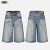 Men Women Vintage Washed Denim Shorts Loose Wide Leg Cropped Pants Casual