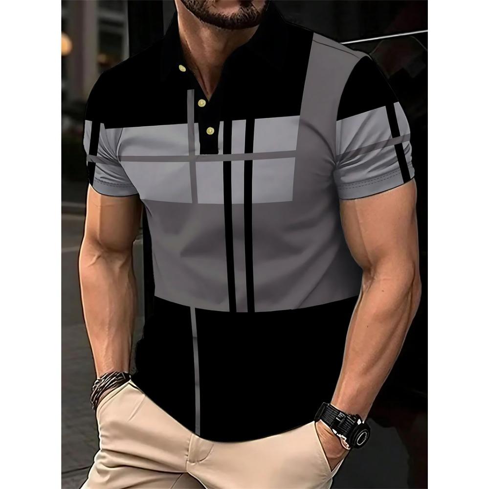 Simple Striped Polo Shirts For Men Summer Casual Short Sleeve 3D Printed Business Polo Shirt Loose Breathable Daily Wear Tees