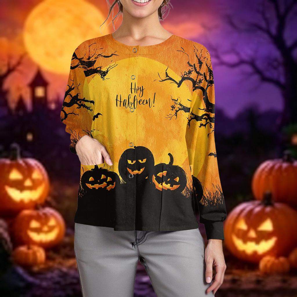 Women's Casual Long Sleeve Cardigan Button Down Lightweight Knit Halloween Printed Open Front Sweater Top for Caregivers and Everyday Wear