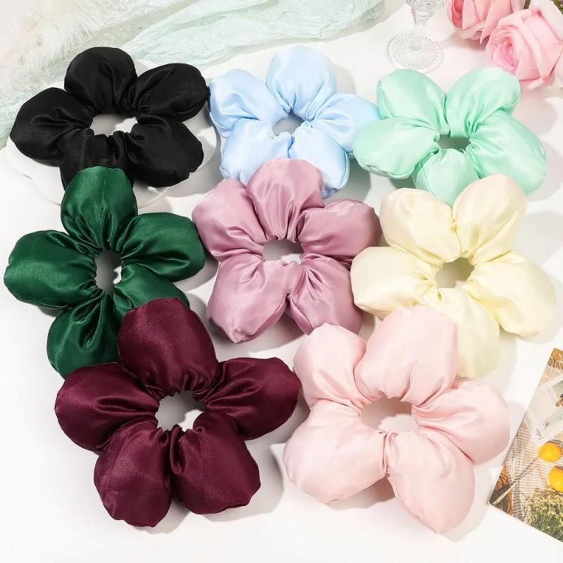 Soft Pillow Elastic Hair Band Scrunchie for Women Luxury Design Big Flower Filled Cotton Solid Satin Ponytail Ties Accessories