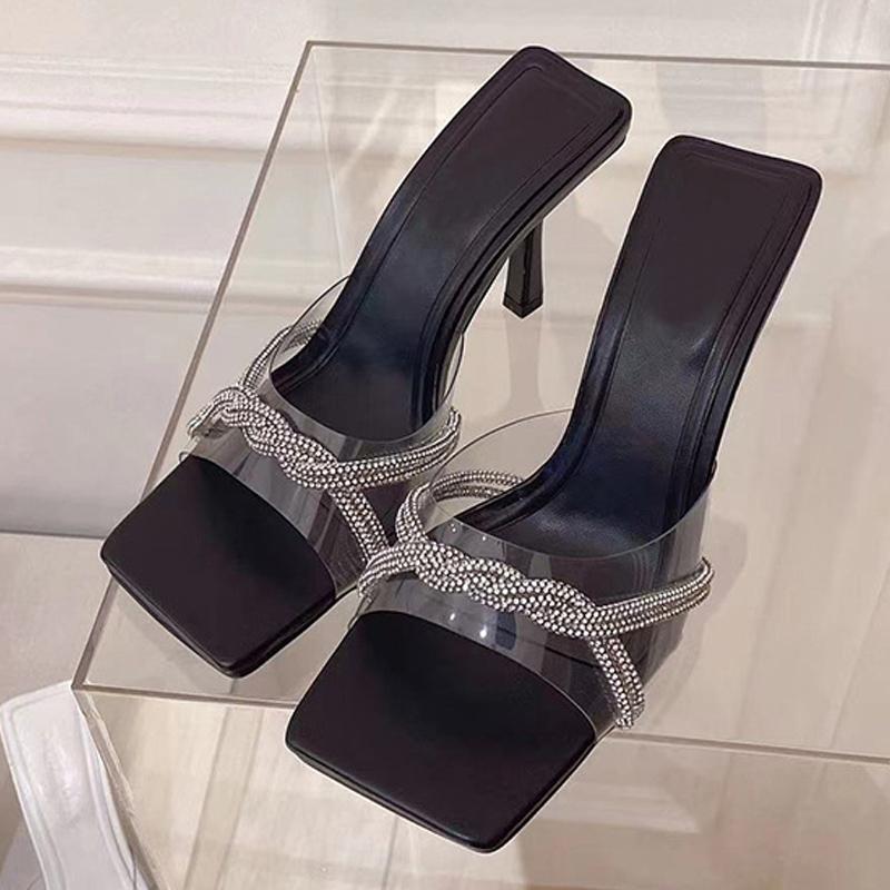 Liyke Summer Fashion Design Crystal Pvc Transparent Women Slipper Square Toe Thin High Heel Ladies Dress Party Mules Slide Shoes
