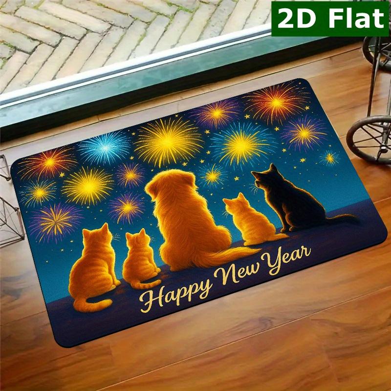 1pc Non-Slip Easy Clean Welcome Mat with Cats & Fireworks Night Sky Design - Dark Blue & Golden New Year's Eve Door Rug, Soft Indoor/ Entrance Carpet
