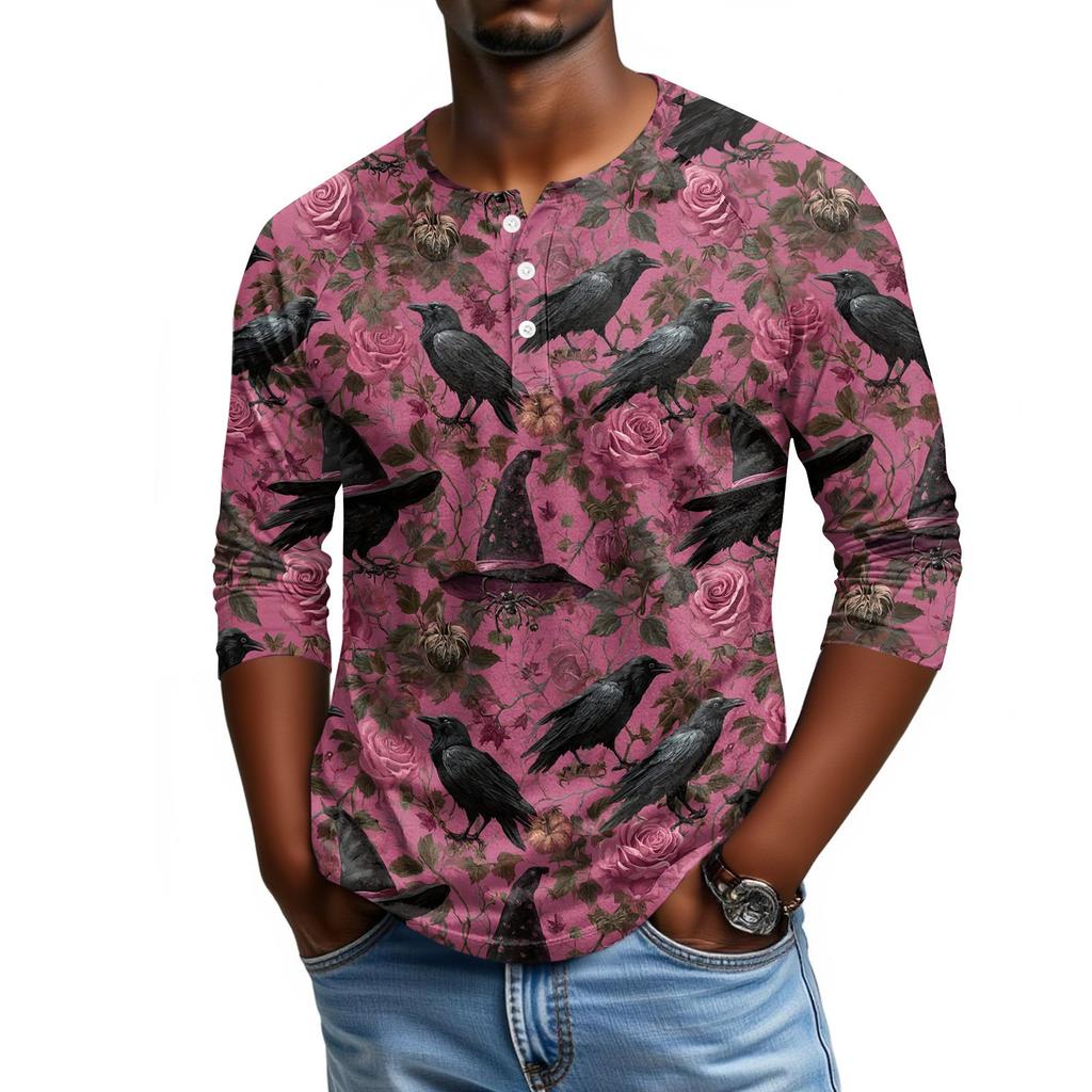 Men's Casual Halloween Print Raglan Sleeve Henley Shirt Three Quarter Sleeve Lightweight Comfortable Top for Everyday Wear