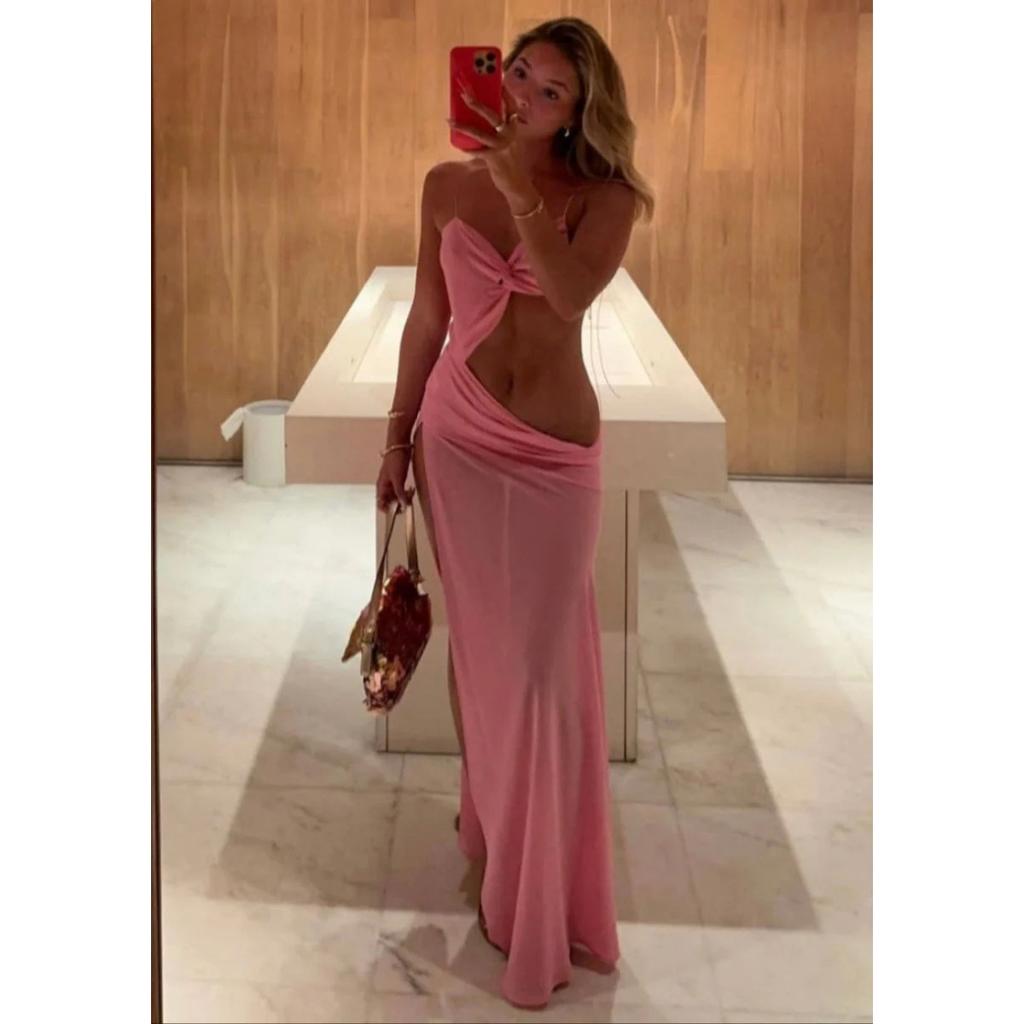 Women's Solid Color Sexy Slim Fit High Waist Slit Camisole Hollow Out Maxi Dress, European American Style Strapless Long Dress