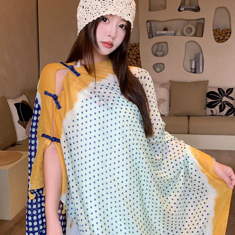 Small fresh green floral silk scarf women's summer travel buckle sunscreen large shawl beach towel thin yarn scarf scarf