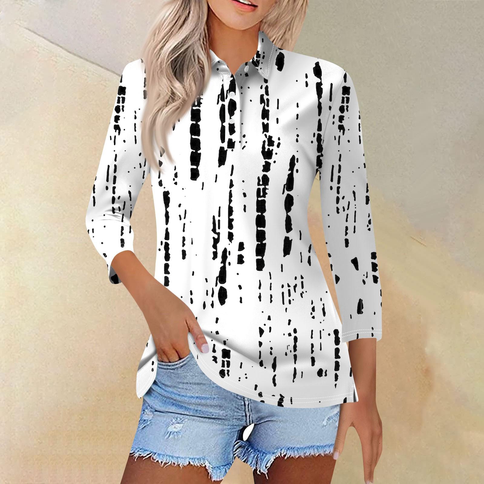 

Женский модный повседневный топ на пуговицах с рукавом 3/4 и геометрическим принтом с лацканами L чёрный