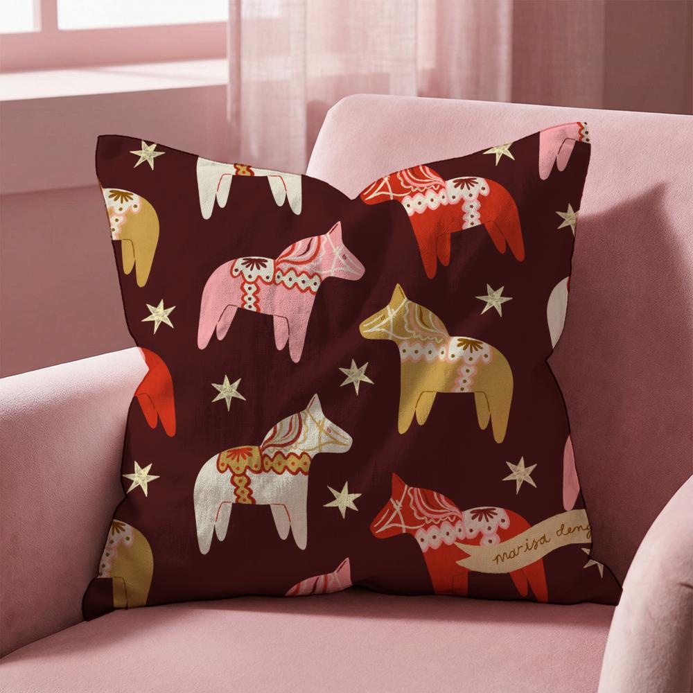 Dala Horse Print Cushion Cover Multi-Scene Pillow Cover for Home & Car - Reversible, Soft & Durable for Daily Use