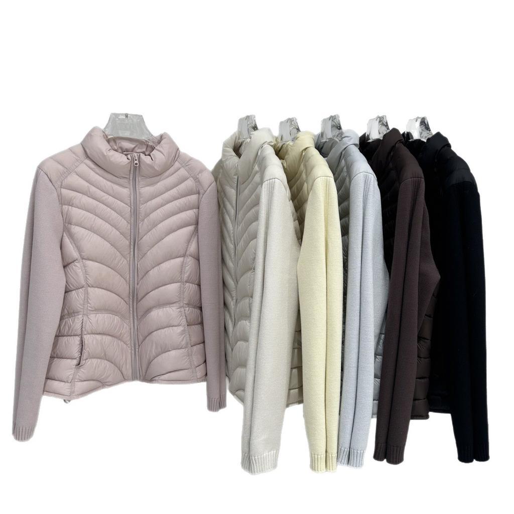 Knitted splicing sleeves waist slim fit light down jacket women's ribs autumn and winter small white duck down jacket