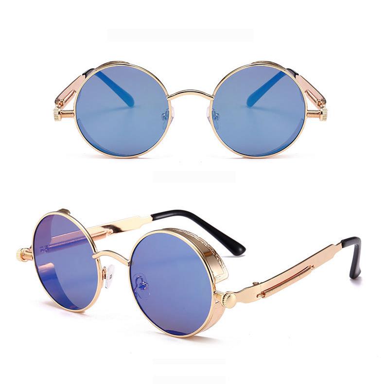 FOENIXSONG Steampunk Round Sunglasses for Men Women Black Brown Retro Wrap Frame Mirror Lens Sun Glasses