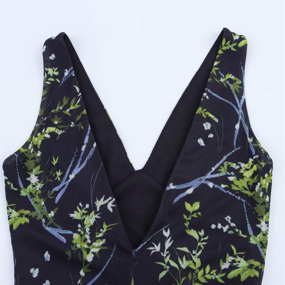 2025 Spring/Summer Women's Slimming Floral Silk V-Neck Sleeveless Dress