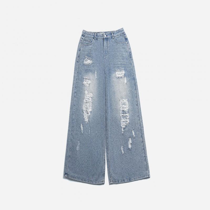 Womens Distressed Ripped Jeans Straight Leg Loose Fit High Street Style Denim Pants