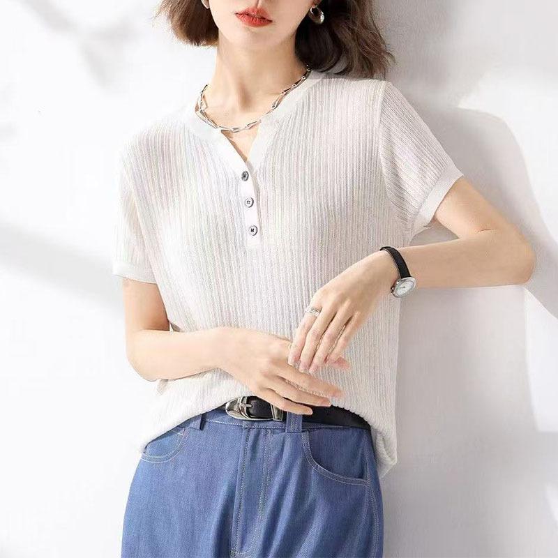 

V-neck White Ice Silk Sweater T-shirt for Women s Summer New Half-sleeved Slim Top with Front Shoulders and Vests M белый