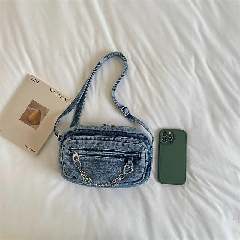Washed Denim Crossbody Bag with Front Zipper Pocket and Decorative Chain Detail Casual Shoulder Purse for Women Daily
