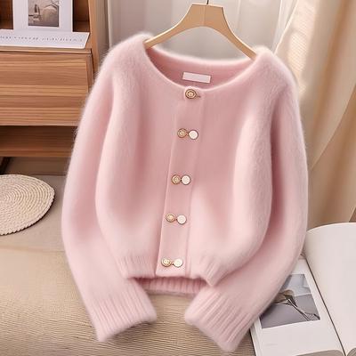 Suéter cárdigan de otoño e invierno para mujer, suéter holgado de punto con cuello redondo rosa informal a la moda para mujer