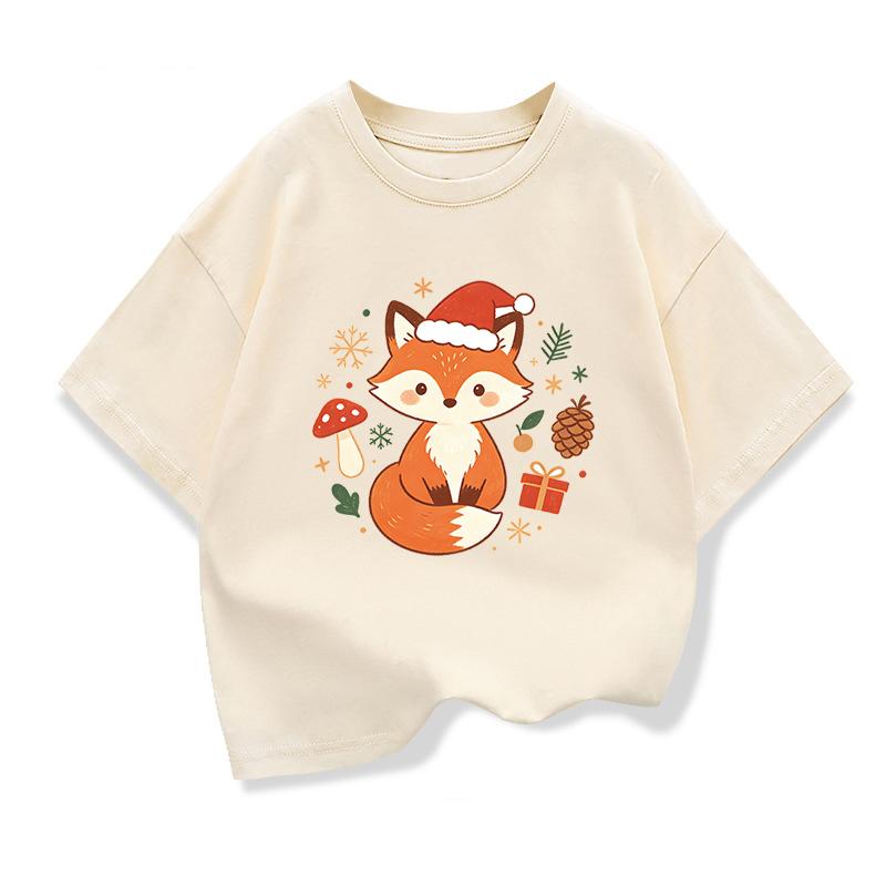 New Cute Cartoon Fox Printed Christmas Children's Gift T-shirt Summer Children's Short Sleeve Printed T-shirt Kids Tops Clothes