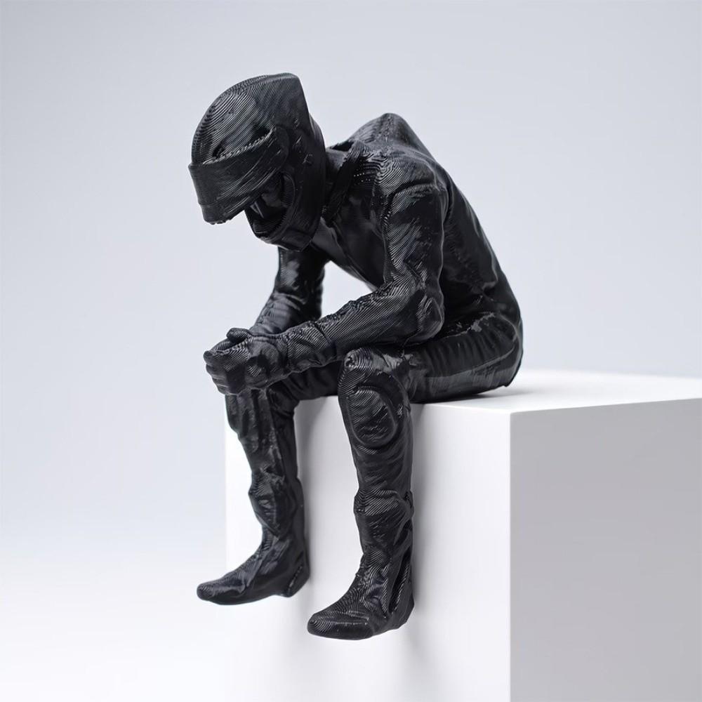 3D Printed Racing Style Seated Figurine Black Motorcyclist Art Statue Desktop Decor