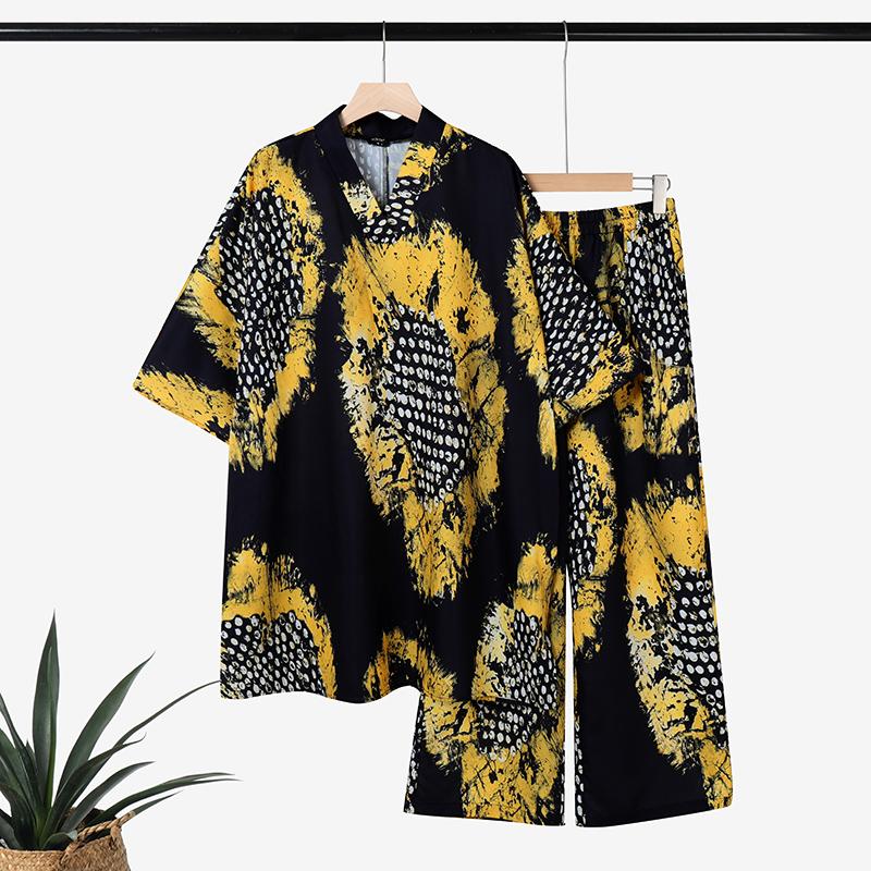 Two Picecs Women Oversized 3/4 Sleeve Floral Print Long Tops and Long Pants Sets
