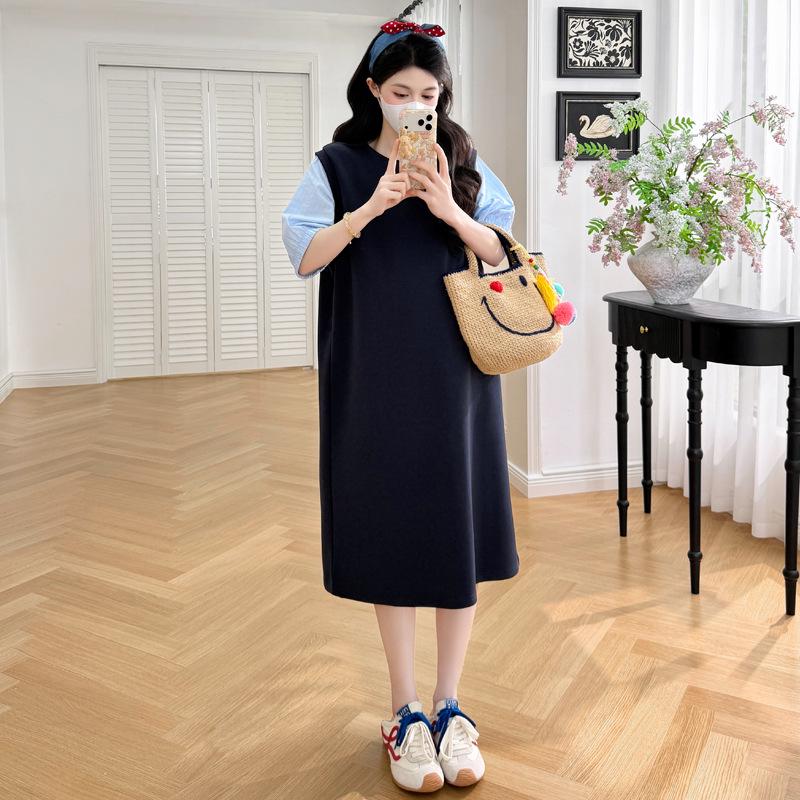 

Korean Style Maternity Patchwork Dress - Loose, Slimming, Mid-Length, Fake Two-Piece Skirt XL темно-синий