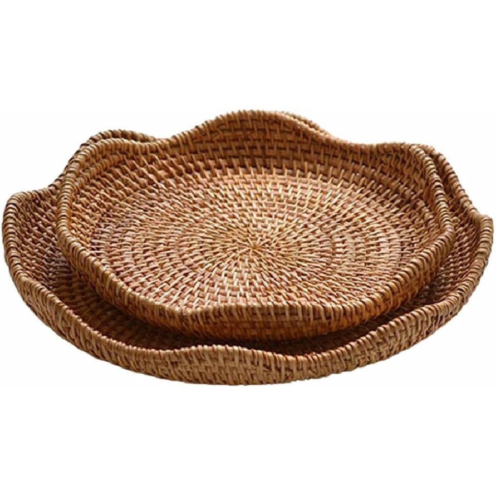 Hand-Woven Rattan Fruit Tray Storage Bread Basket Serving Tray Home Decoration Food Serving Platter 2 Pieces