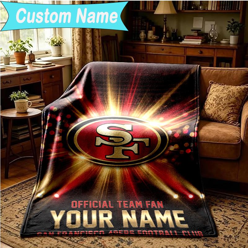 1PC Custom Name Blanket San Francisco Football Flannel Blankets Patterns Throw Blanket All-Season Soft Gift for Couch, Bed, Camping, Birthday Gifts