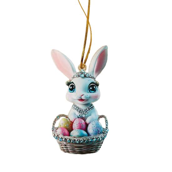 Easter Bunny Ornament 2D Flat Acrylic Bunny Car Rearview Mirror Charm Cartoon Bunny Egg Hanging Pendant for Home Car Window Backpack Holiday Decor