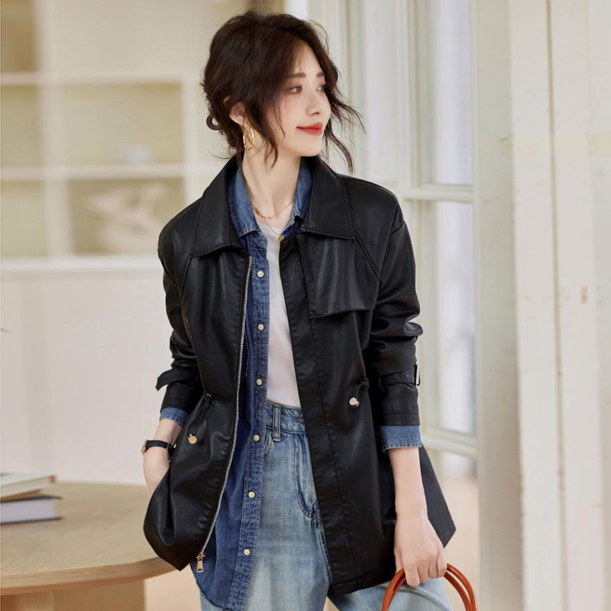 

Модная приталенная кожаная куртка средней длины для женщин, весенне-осенняя новинка, кожаный тренч нового дизайна 2XL чёрный