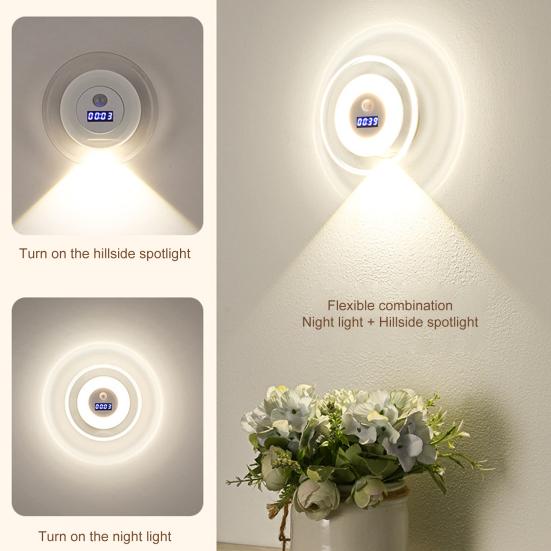 LED Motion Sensor Night Light with Digital Clock 3 Color Temperatures Stepless Dimming Motion Activated Night Lamp