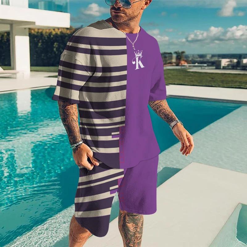 Summer Men's 3D Printed Striped Sports Suit Fashion Versatile Trend Casual Breathable