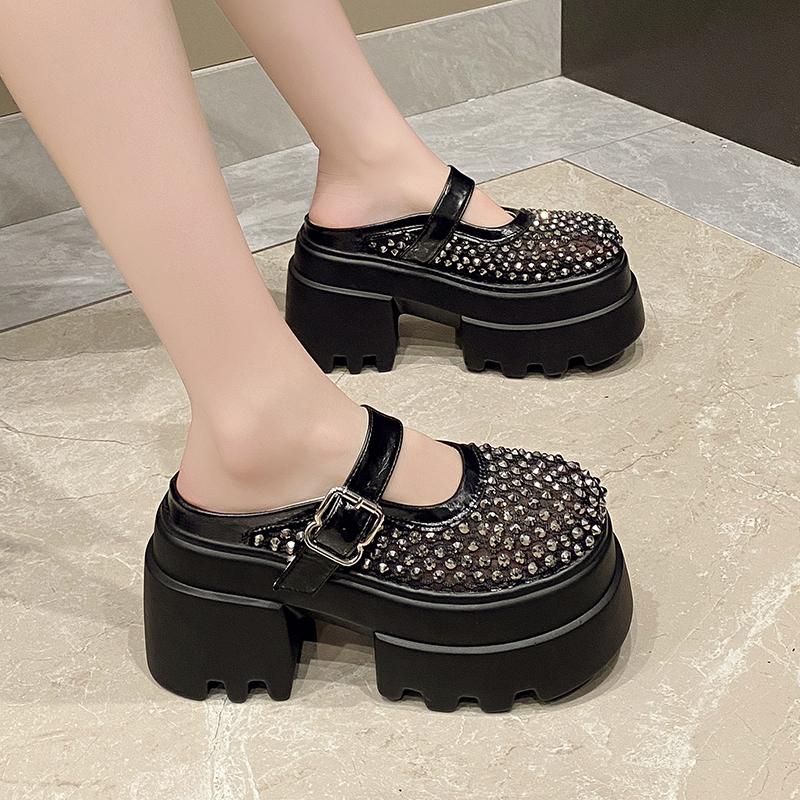 Super high-heeled slippers women's round head shallow mouth mesh cloth metal buckle set foot non-slip sandals