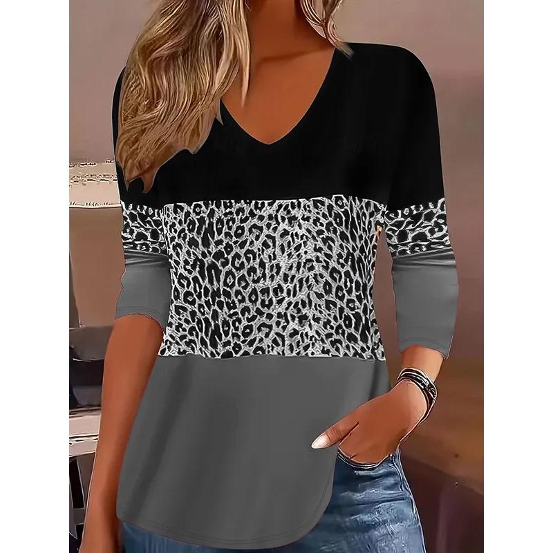 Spring and Autumn V-neck Leopard Color Block Pattern 3D Printed Top Fashionable Casual Long Sleeved Women's T-shirts