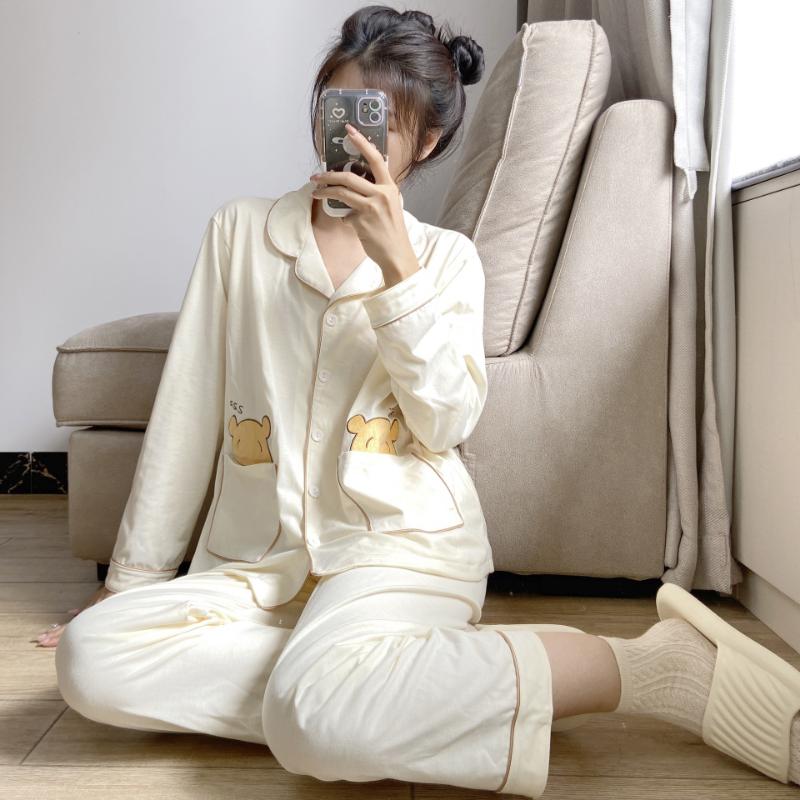 Cartoon Women's Pajamas Casual Lapel Long Sleeves and Trousers Two-piece Set New Home Wear Silk Pajamas for Women
