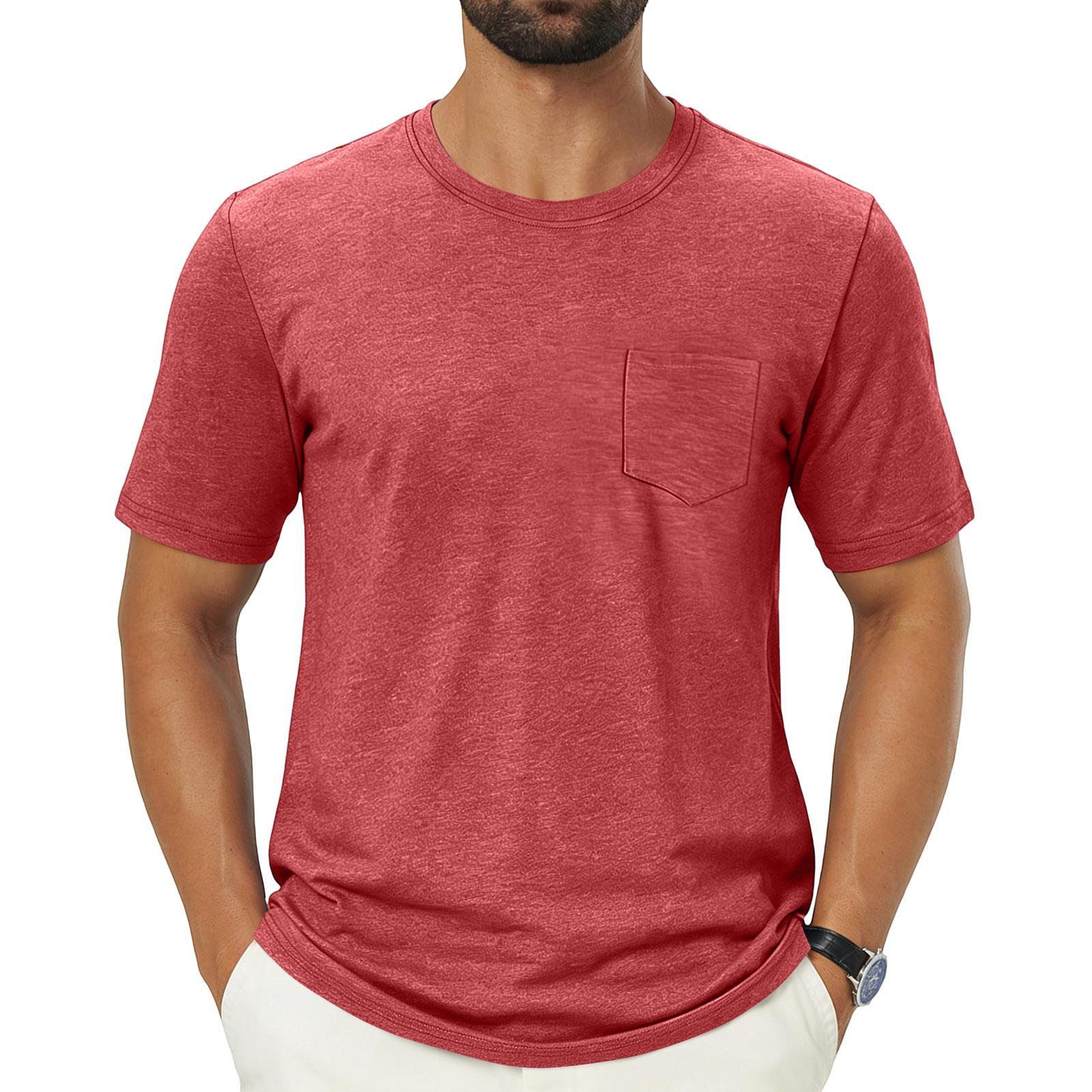 

Mens Short Sleeve Shirts Casual Crew Neck Pocket Design Mens Shirts Short Sleeve Soft Fabric Short Sleeve Shirts for Men XL кавун червоний колір