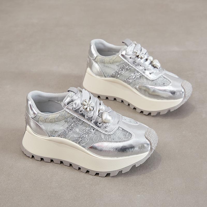 Platform Forrest Gump Shoes Women's 2025 New Leather Lace Through the Net Casual Shoes Versatile Height Increasing Sequins Sneakers