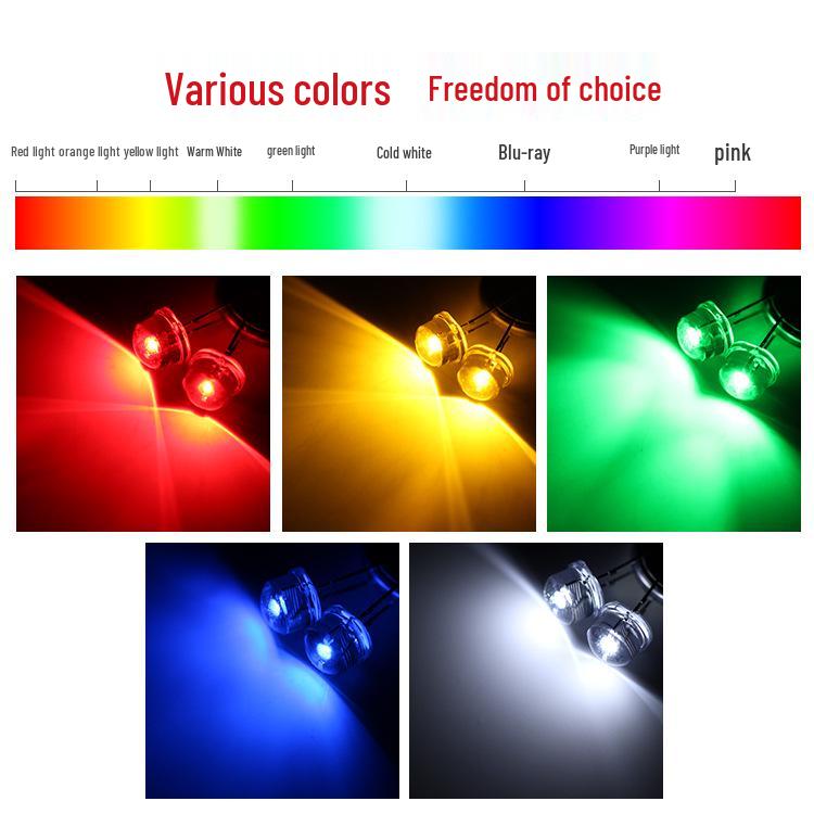 High Brightness 8mm Grass Hat LED Lamp Beads - White, Red, Blue, Green, Yellow, Short Pins with Rim