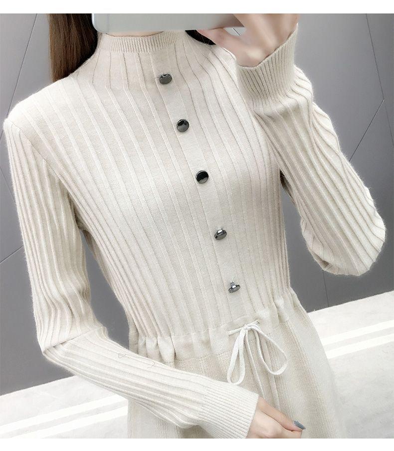 Women's Plus Velvet Thick Mid-Length Knit Sweater Dress - Loose Fit with Lace and Half-High Collar for Autumn and Winter