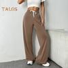 Women Pants Elastic High Waist Adjustable Drawstring Straight Wide Leg Trousers with Pockets Solid Color Casual Pants