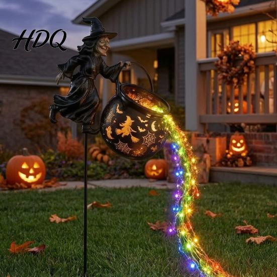 Outdoor Halloween Decorations Witch Cauldron Garden Light Metal Yard Stake with LED String Decorative Sculpture for Lights Waterproof Pot
