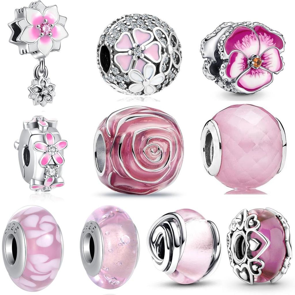 Pink 925 Silver Heart Dangle Charm Beads Flower Pendant DIY Jewelry Fit Original Bracelet Bangle