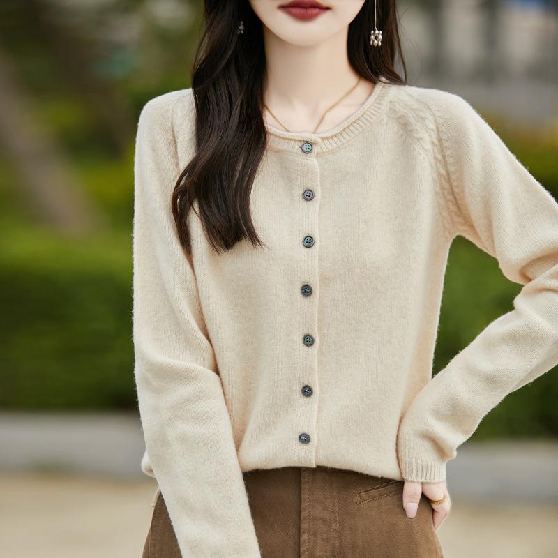 Women's Loose Fit Wool Cardigan - Solid Color, Round Neck, Rolled Hem, Casual Korean Style